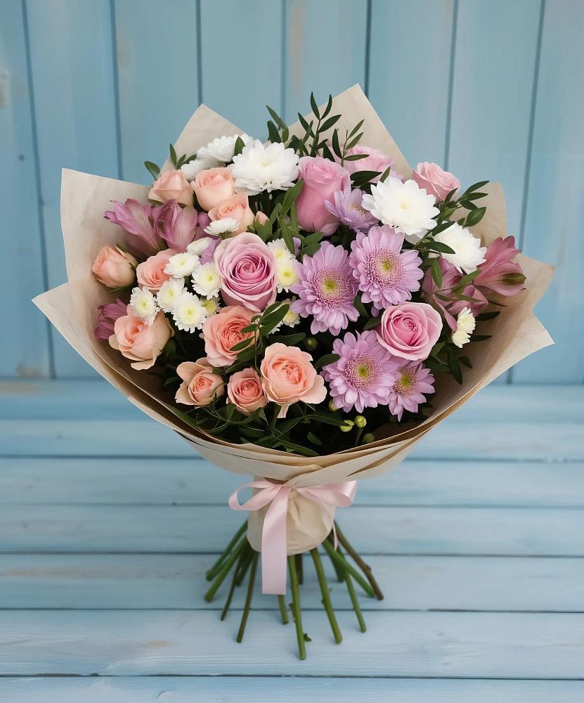 Букет цветов из: Хризантемы, Розы и Альстромерии в Поселок ВНИИССОК