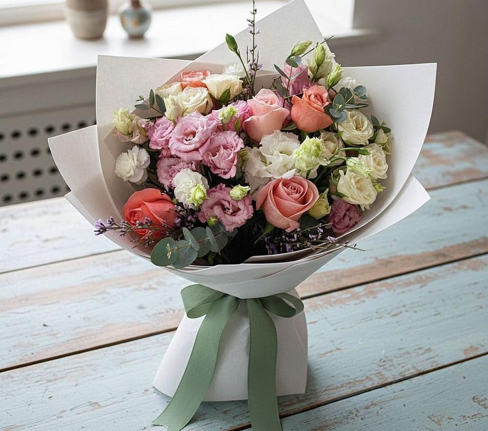 Букет цветов из: Розы, Лизиантусы и Гвоздики в Поселок ВНИИССОК