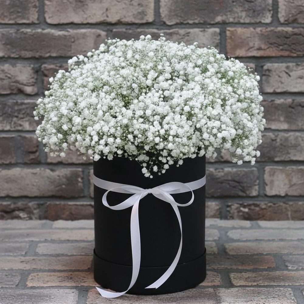 Цветочная композиция из Гипсофила в шляпной коробке в Поселок ВНИИССОК