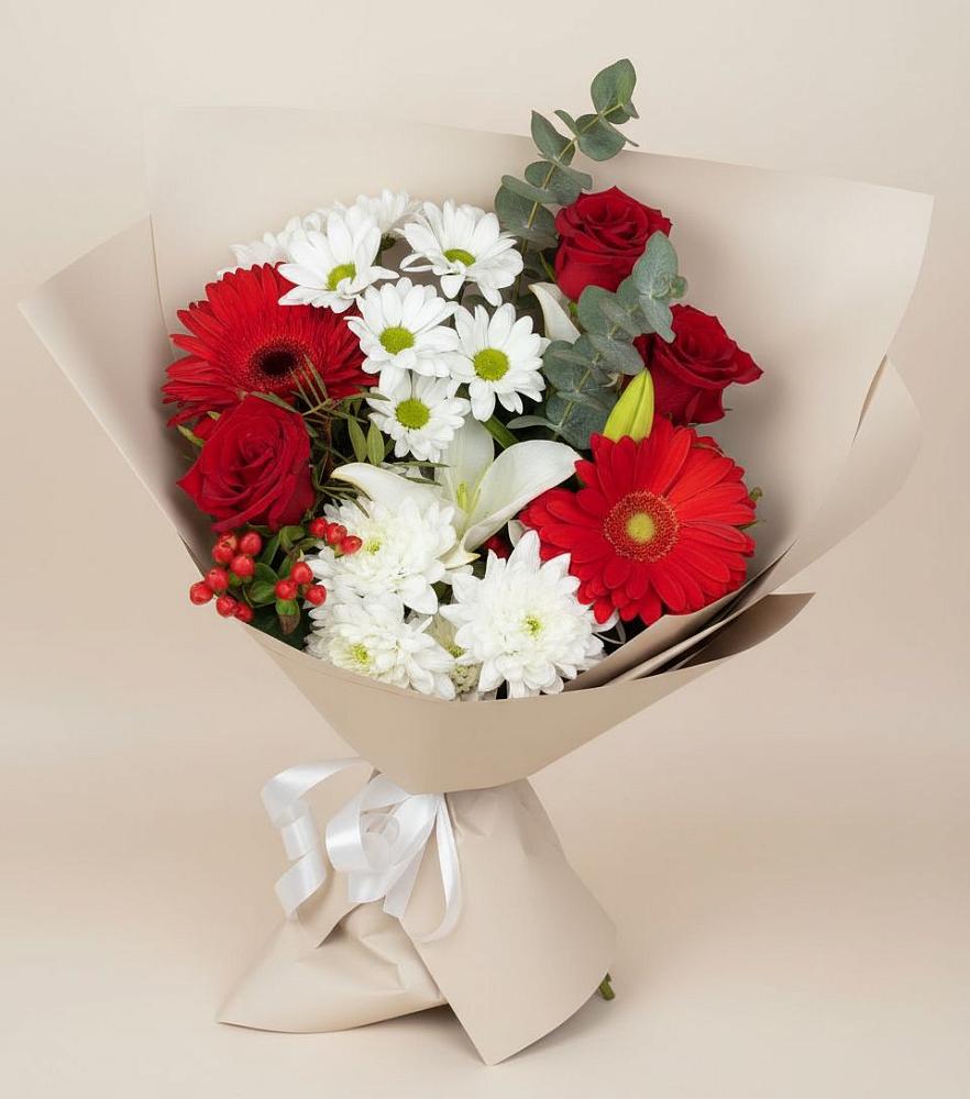 Букет цветов из: Розы, Хризантемы, Герберы и Лилии в Поселок ВНИИССОК